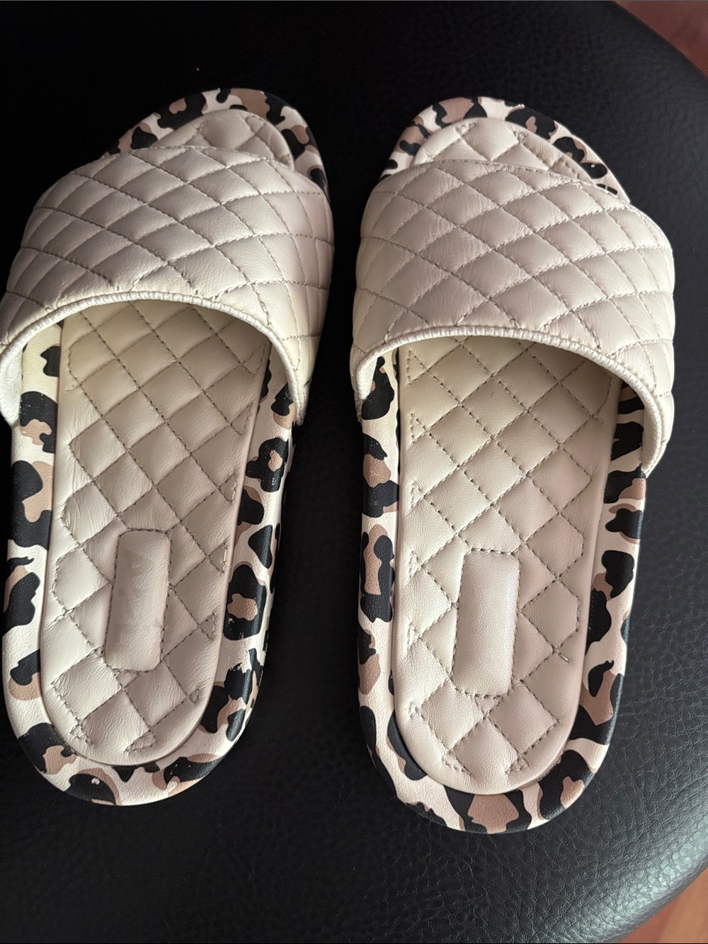 Women’s APL Quilted Cream Slide Sandals with Leopard Trim